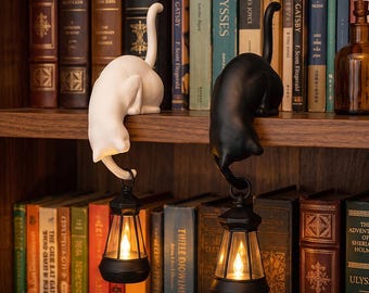 Cat Hook With Vintage Lantern, Halloween Bookshelf Lantern Bookend,Halloween Book Decor,Gothic Bookshelf Lamp,Decor Gift For Book Lovers