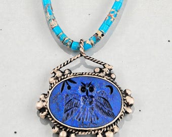 Lapis Lazuli Owl Necklace, Hand Carved İntaglio Pendant Turquoise Beaded 925 Sterling Silver Artisan Jewelry