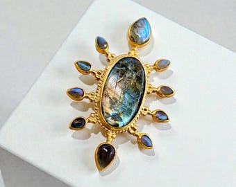 Antique Style Labradorite Intaglio Medallion - Eastern Roman Figure Gold Plated Silver Necklace