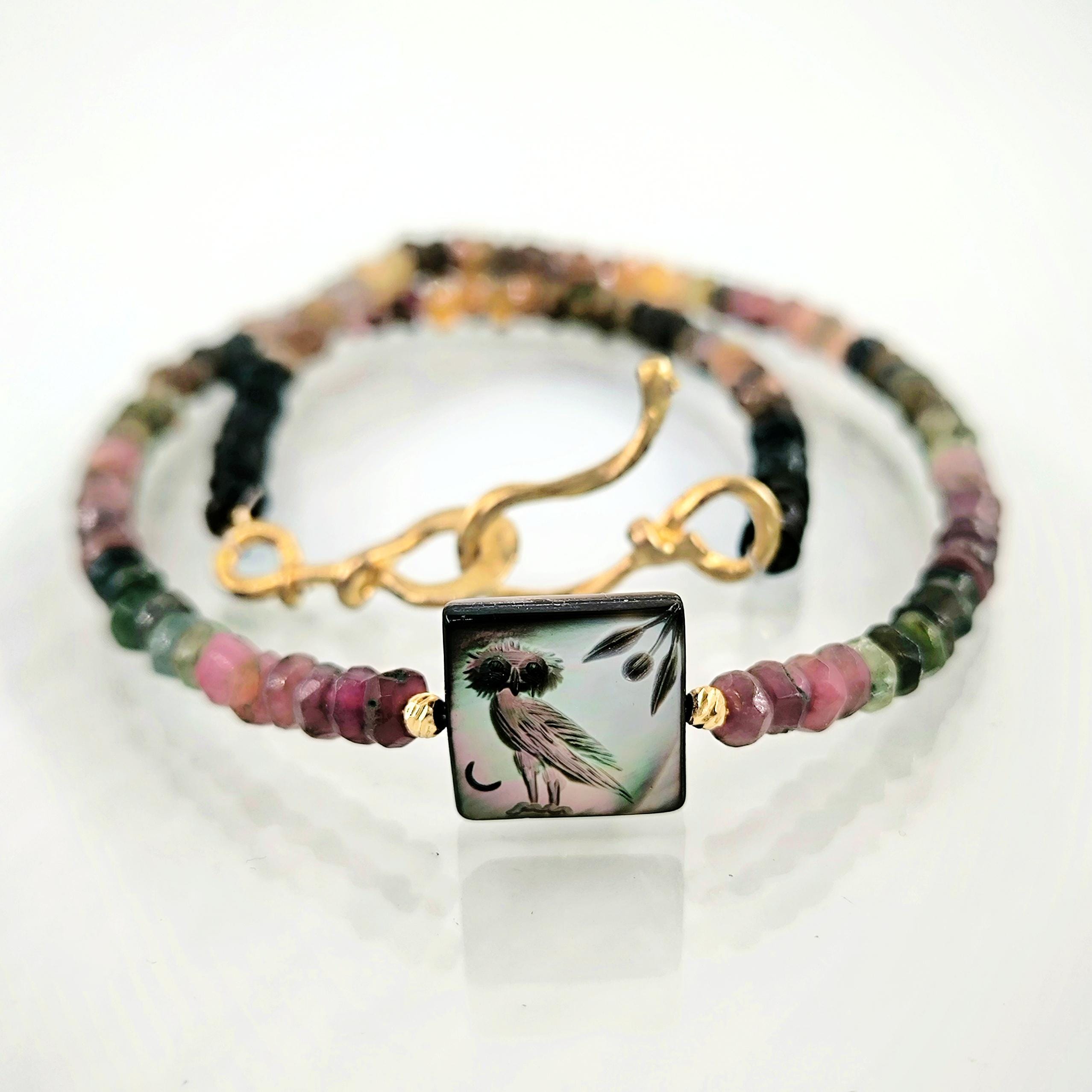 Athena Owl Necklace Intaglio Mother Pearl Tourmaline