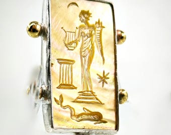 Mother of Pearl Intaglio Necklace, Agate Chain - Sterling Silver