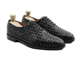 Zwarte handgeweven oxford-schoenen van kalfsleer | Ambachtelijk handgepatineerd leren formeel schoeisel