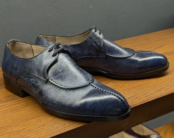 Handgemaakte derbyschoenen blauw patina tweekleurig kalfsleer – minimalistische geklede schoenen met twee veters