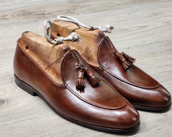 Handgemaakte bruine Belgische kwastjes kalfsleer loafers geklede herenschoenen