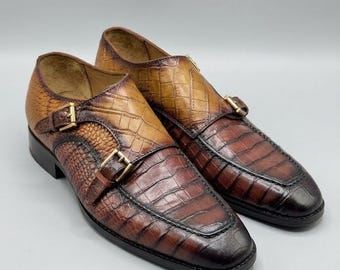 Handgemaakte herenschoenen met dubbele gesp | Leren schoenen met alligator-reliëf