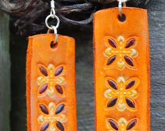 Western Rodeo Cowgirl Boho Handmade Artisan Hand Tooled & Painted Leather Earrings