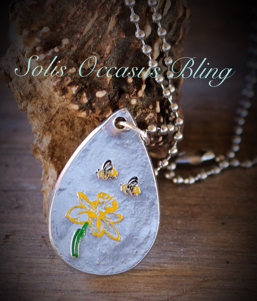 Daffodil and Bees Hand Stamped & Painted Pewter Pendant With Etsy