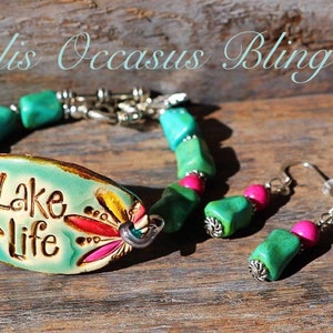 SET - Handmade Artisan Clay Pendant Bracelet with Matching Earrings - Lake Life