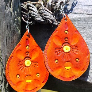 Western Rodeo Cowgirl Boho Handmade Artisan Hand Tooled & Painted Leather Earrings