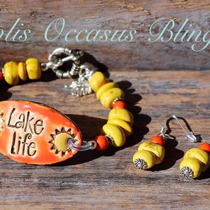 SET - Handmade Artisan Clay Pendant Bracelet with Matching Earrings - Lake Life