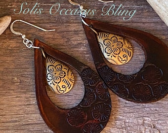 Western Rodeo Cowgirl Boho Handmade Artisan Hand Tooled & Dyed Leather Earrings