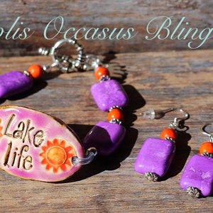 SET - Handmade Artisan Clay Pendant Bracelet with Matching Earrings - Lake Life