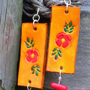 Western Rodeo Cowgirl Boho Handmade Artisan Hand Tooled & Painted Leather Earrings