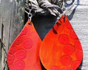 Western Rodeo Cowgirl Boho Handmade Artisan Hand Tooled & Painted Leather Earrings