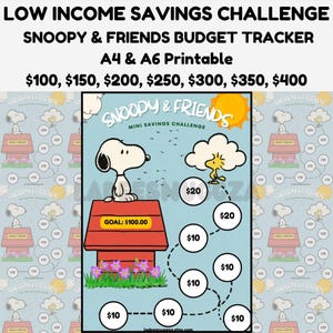 May include: A printable Snoopy & Friends budget tracker with a blue background. The design features Snoopy on his doghouse, a sun, and a savings challenge chart. Text includes "Low Income Savings Challenge" and savings goals.