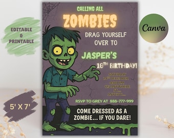Invitación de cumpleaños de niño zombi / Invitación a fiesta de brote (Plantilla imprimible y editable)