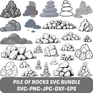 May include: A collection of various rock illustrations in grayscale. The image features stacks, piles, and individual rocks in different shapes and sizes. The text "PILE OF ROCKS SVG BUNDLE" is displayed at the bottom, along with file type options.
