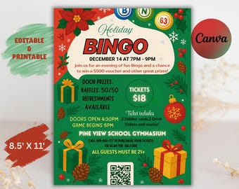 Bingo Night Flyer Template: Family Game Fundraiser (Canva Editable, Digital Download)