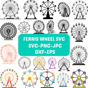 以下が含まれることがあります： 様々なスタイルと色で描かれた観覧車のデザインのコレクション。白黒の線画もあれば、黄色、青、赤などの鮮やかな色を使ったものもあります。画像には「FERRIS WHEEL SVG SVG-PNG-JPG DXF-EPS」というテキストが含まれています。