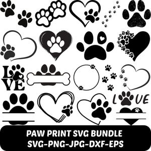 Op de afbeelding: Een verzameling zwarte pootafdrukontwerpen in verschillende stijlen, waaronder harten, botvormen en cirkels. De tekst "PAW PRINT SVG BUNDLE" wordt onderaan weergegeven, samen met bestandstype-opties.