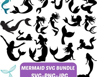 Paquete SVG de silueta de sirena: Clipart de Ariel, archivo de corte de princesa (descarga digital)