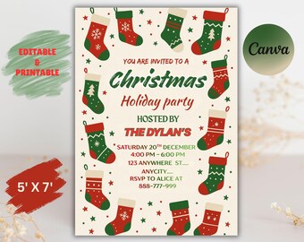 Plantilla editable de invitación para fiesta navideña de intercambio de calcetines (descarga digital)