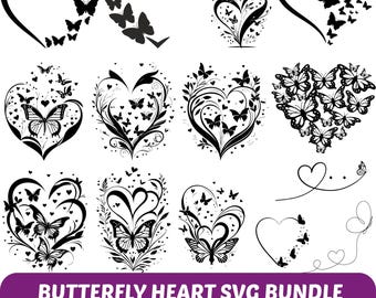Paquete de archivos SVG de mariposa y corazón / Gráficos de amor, archivos de corte (descarga digital)