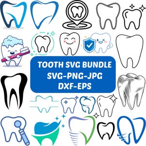 Pode incluir: Uma coleção de gráficos SVG com tema de dentes em vários estilos, incluindo dentes de desenho animado com escovas de dentes, dentes sorrindo e ilustrações detalhadas de dentes. A imagem inclui o texto "TOOTH SVG BUNDLE SVG-PNG-JPG DXF-EPS".