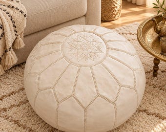 Pouf marocchino in pelle bianca, ottomano marocchino fatto a mano, decorazione per la casa in stile boho, cuscino da pavimento
