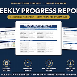 Weekly Progress Report Template | Construction Site Status Report | Project Update Word Doc