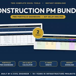 Paquete PMO de construcción / Análisis EOT + Panel de control de cartera en Excel / Puntuación de riesgos / Reclamaciones por retraso / EVM