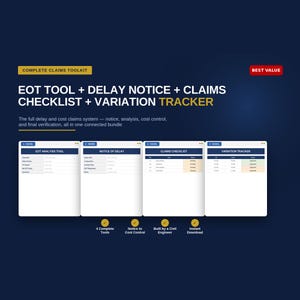 May include: A digital claims toolkit bundle featuring an EOT analysis tool, notice of delay, claims checklist, and variation tracker. The dark blue graphic displays four document previews with text labels and icons for 4 complete tools.