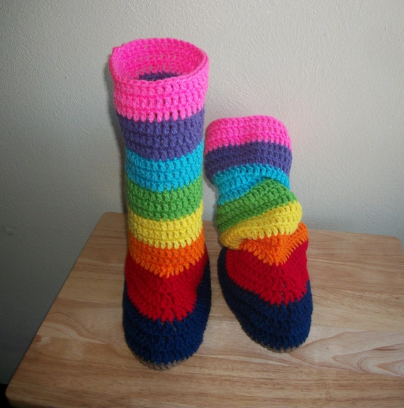 Crochet Womens Slouch Slippers Hot Pink Rainbow Or Camouflage - 