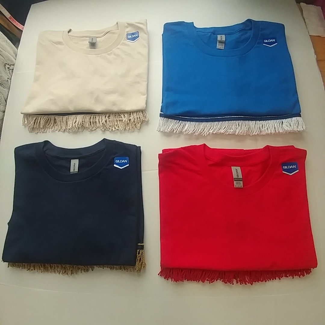 Women's Plain Short Sleeve Fringed T-Shirt with Fringes Sisters Hebrew Israelite Clothing Navy Border of Blue 12 Tribes Garment Apparel
