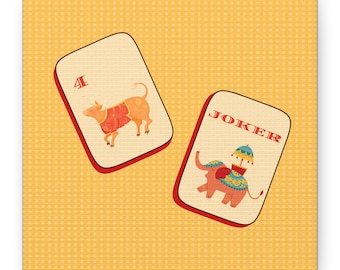May include: Two playing cards on a yellow background. One card features a bull illustration and the number 4. The other card says "JOKER" and has an elephant illustration. Both cards have a red border.