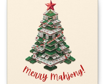 May include: A festive Christmas tree made of mahjong tiles, topped with a red star. The tree is decorated with red ribbon and ornaments, and the words "Merry mahjong!" are written in red script below.
