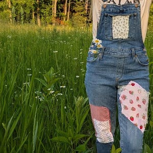 May include: Blue denim overalls with patches of fabric in red gingham, floral, and strawberry prints. Daisies are tucked into the front pocket. The overalls are worn in a field of tall green grass.