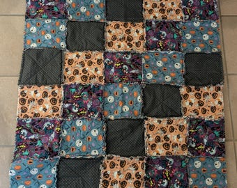 Handmade Rag Quilt (blue and orange spooky)