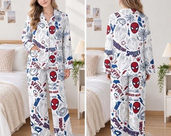Witte Spiderman pyjamaset, superheldenpyjama met stripfiguur, schattige pyjama met knoopjes, Marvel loungewear cadeau voor vrouwen, pyjama cadeau voor de feestdagen