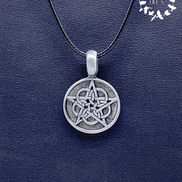 Celtic Moonstone Pentacle Pentagram Imitation Leather Cord Necklace | Witch | Wicca | Pagan | Unisex | Double Sided | Sabbat | Initiation