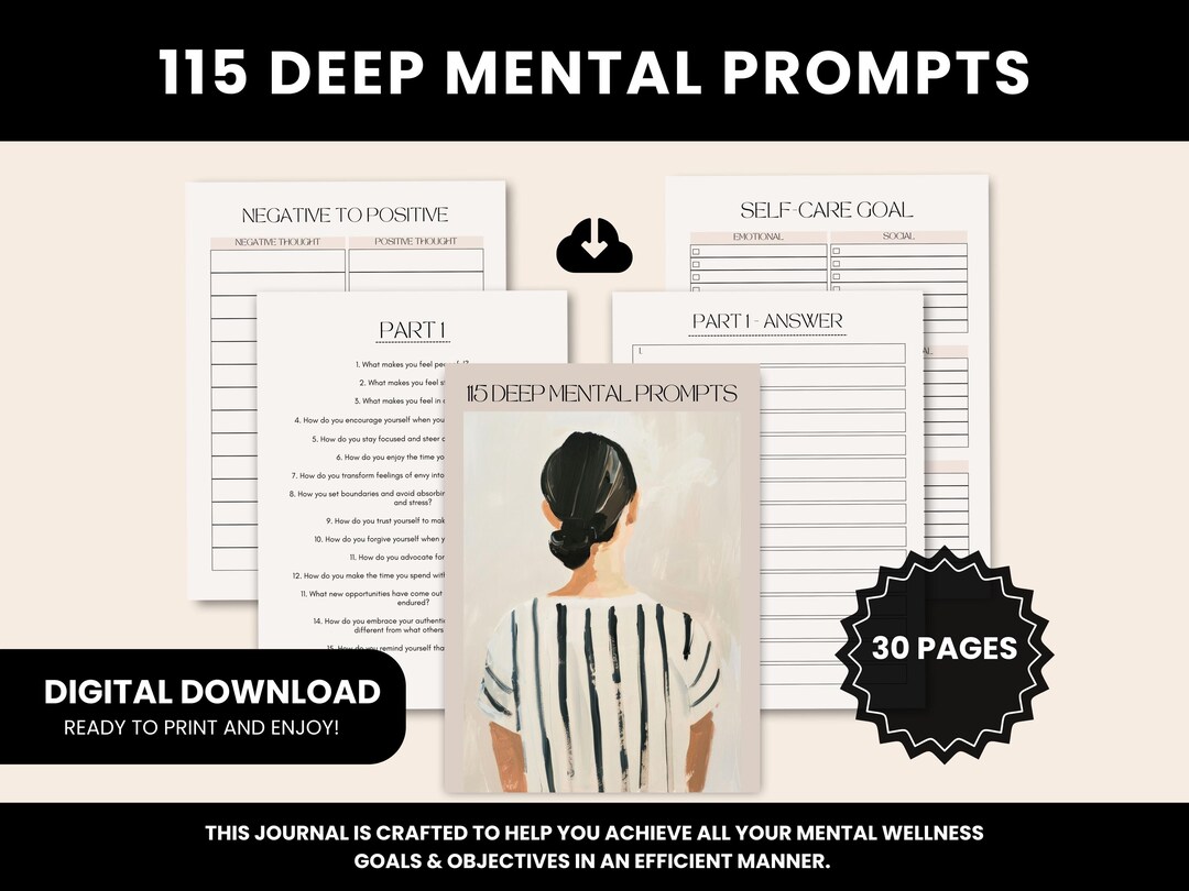 115 Deep Mental Prompts Guided Journal | Self Reflection Worksheets ...
