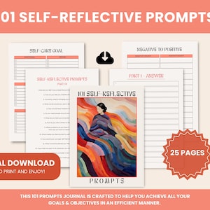 101 Self Reflective Prompts Guided Journal | Self Reflection Worksheets, Trackers & Notes | Printable PDF Download | Mental Wellness Journal