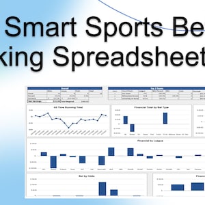 Può includere: Un foglio di calcolo digitale intitolato "2026 Smart Sports Bet Tracking Spreadsheet" con vari grafici e visualizzazioni di dati. Il foglio di calcolo include dati finanziari, tipi di scommesse e prestazioni della lega, presentati in blu e bianco.