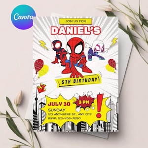 Bewerkbare aquarel uitnodiging voor verjaardagsfeestje Spidey en zijn geweldige vrienden | Sjabloon superheld afdrukbaar | Uitnodiging voor kinderen | Direct downloaden