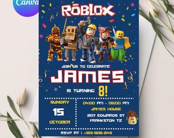 Roblox uitnodiging, roblox uitnodigen, game party, roblox jongens verjaardagsuitnodiging sjabloon, game verjaardag, kinder roblox, bewerkbare sjabloon, canva