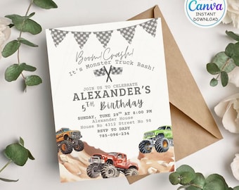 Monster Truck Birthday Invitation - Boom Crash - Canva Template - Boys Birthday Invite - Monster Truck Party - Watercolor Trucks Theme