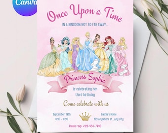 Prinses verjaardag Four-ooit uitnodiging prinses uitnodiging prinses feestuitnodiging meisje prinses uitnodigen goud roze BEWERKBAAR Instant Digitaal