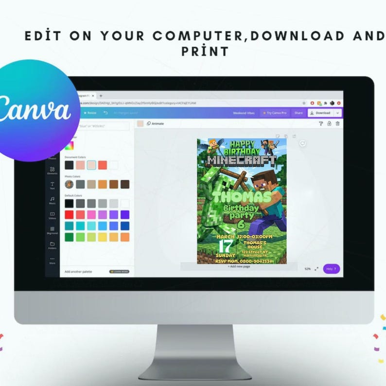 Editable Pixel Birthday Invitation Block Party Invite Gamer Birthday ...