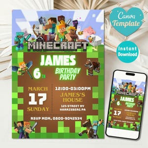 Könnte beinhalten: Eine Einladung zum Geburtstag im Minecraft-Stil mit dem Namen "James" und dem Datum 17. März. Die Einladung zeigt pixelige Charaktere und den Text "Birthday Party". Ein Smartphone zeigt das gleiche Design.