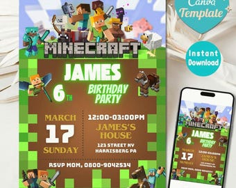 May include: A Minecraft-themed birthday party invitation with the name "James" and the date March 17th. The invitation features pixelated characters and the text "Birthday Party". A smartphone displays the same design.